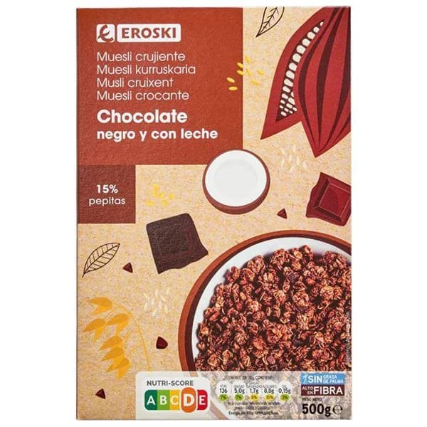 Cereales muesli crunch con dos chocolates EROSKI, caja 500 g - 0.5 kg - Imagen del producto en Findit