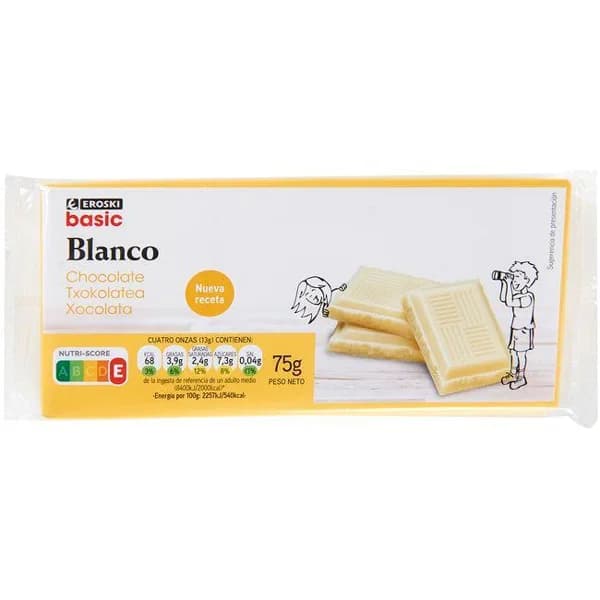 Chocolate blanco EROSKI BASIC, pack 3x75 g - 0.23 kg - Imagen del producto en Findit