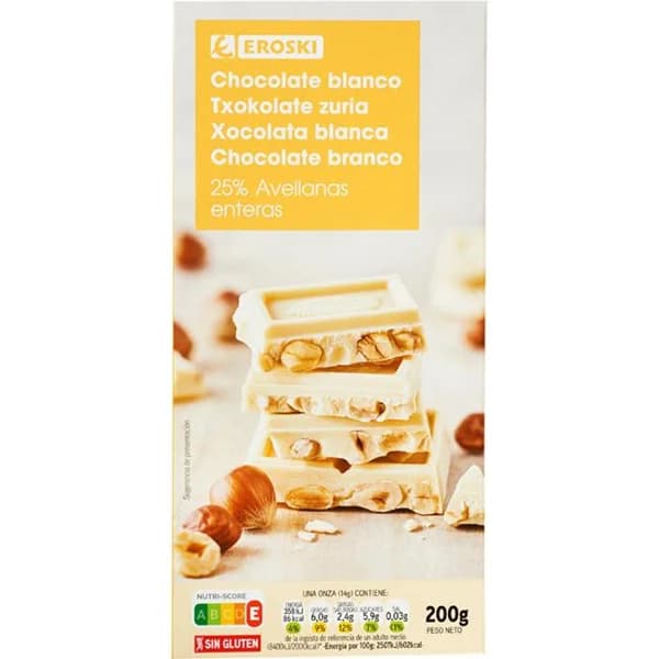 Chocolate blanco con avellanas enteras EROSKI, tableta 200 g - 0.2 kg - Imagen del producto en Findit