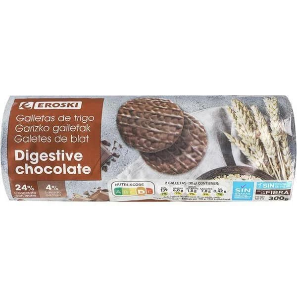 Galleta Digestive con chocolate EROSKI, paquete 300 g - 0.3 kg - Imagen del producto en Findit