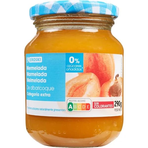 Mermelada de albaricoque 0% EROSKI, frasco 290 g - 0.29 kg - Imagen del producto en Findit