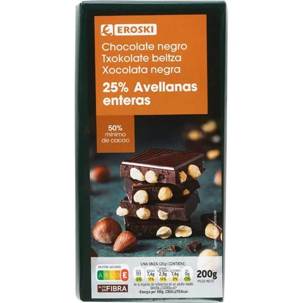 Chocolate negro-avellanas EROSKI, tableta 200 g - 0.2 kg - Imagen del producto en Findit