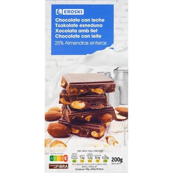 Chocolate con leche con almendras enteras EROSKI, tableta 200 g - 0.2 kg - Imagen del producto en Findit