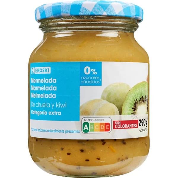 Mermelada de ciruela y kiwi 0% EROSKI, frasco 290 g - 0.29 kg - Imagen del producto en Findit