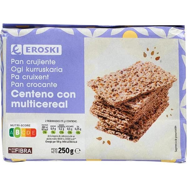 Pan de centeno-multicereales EROSKI, paquete 250 g - 0.25 kg - Imagen del producto en Findit