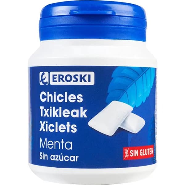 Chicle de menta sin azúcar EROSKI, bote 100 g - 1 ud - Imagen del producto en Findit