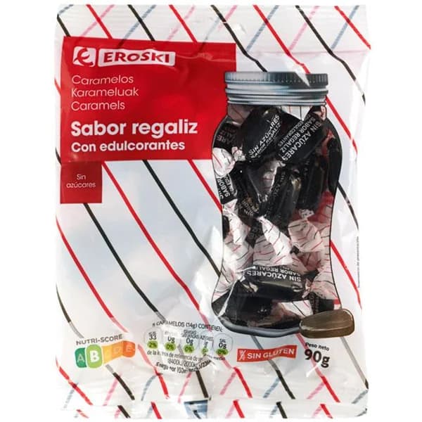 Caramelos de regalíz sin azúcar EROSKI, bolsa 90 g - 1 ud - Imagen del producto en Findit