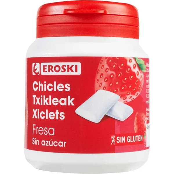 Chicle de fresa sin azúcar EROSKI, bote 100 g - 1 ud - Imagen del producto en Findit