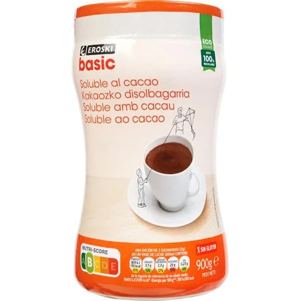 Soluble de cacao EROSKI BASIC, bote 900 g - 0.9 kg - Imagen del producto en Findit
