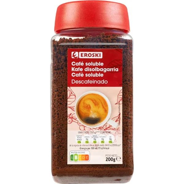 Café soluble descafeinado EROSKI, frasco 200 g - 0.2 kg - Imagen del producto en Findit
