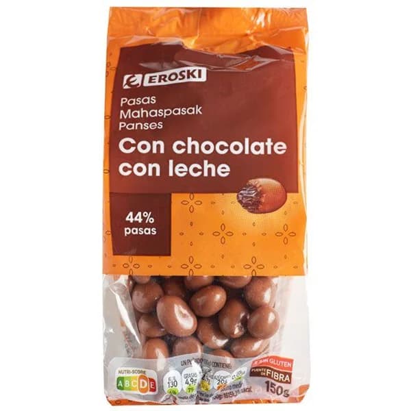 Pasa sultana con chocolate con leche EROSKI, bolsa 150 g - 0.15 kg - Imagen del producto en Findit