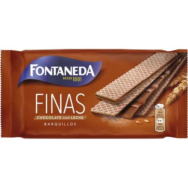 Barquillo de chocolate c/ leche FONTANEDA FINAS, paquete 92 g - 0.09 kg - Imagen del producto en Findit