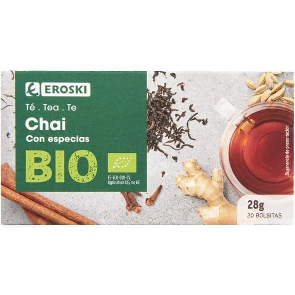 Té chai EROSKI BIO, caja 20 sobres - 20 ud - Imagen del producto en Findit