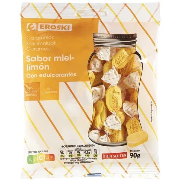 Caramelo de miel-limón sin azúcar EROSKI, bolsa 90 g - 1 ud - Imagen del producto en Findit