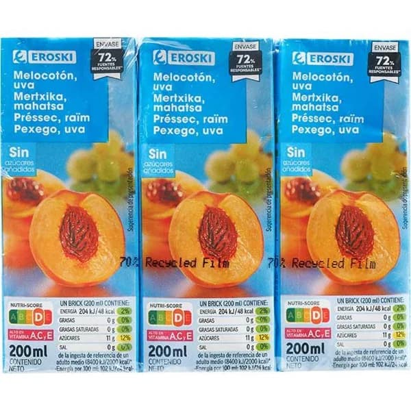 Bebida de melocotón sin azúcar añadido EROSKI, pack 6x20 cl - 1.2 l - Imagen del producto en Findit