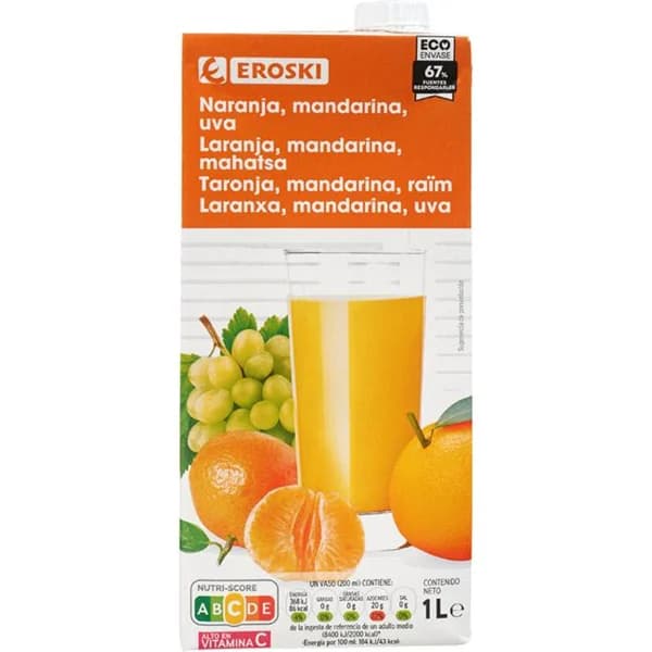 Zumo de naranja, mandarina y uva EROSKI, brick 1l - 1 ud - Imagen del producto en Findit