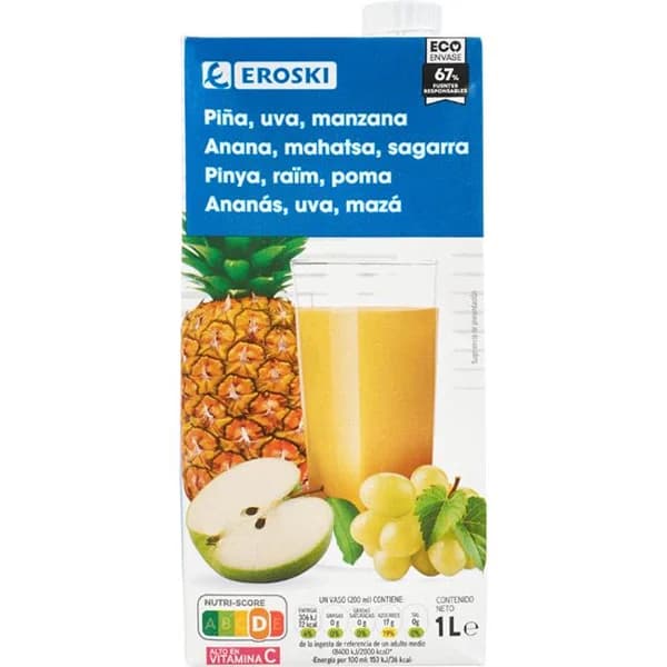 Zumo de piña, manzana y uva EROSKI, brik 1 litro - 1 l - Imagen del producto en Findit
