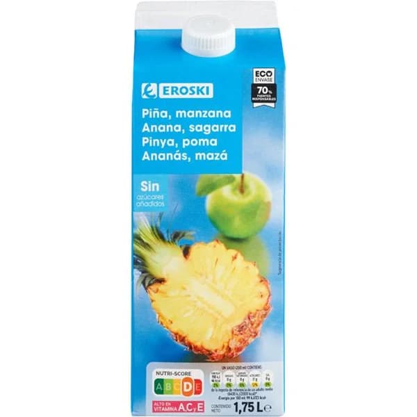 Bebida de piña sin azúcar EROSKI, brik 1,75 litros - 1 ud - Imagen del producto en Findit