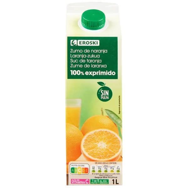 Zumo de naranja sin pulpa EROSKI, brik 1 litro - 1 l - Imagen del producto en Findit