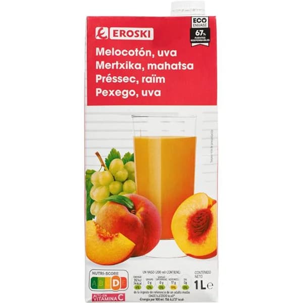 Bebida de melocotón y uva EROSKI, brik 1 litro - 1 ud - Imagen del producto en Findit