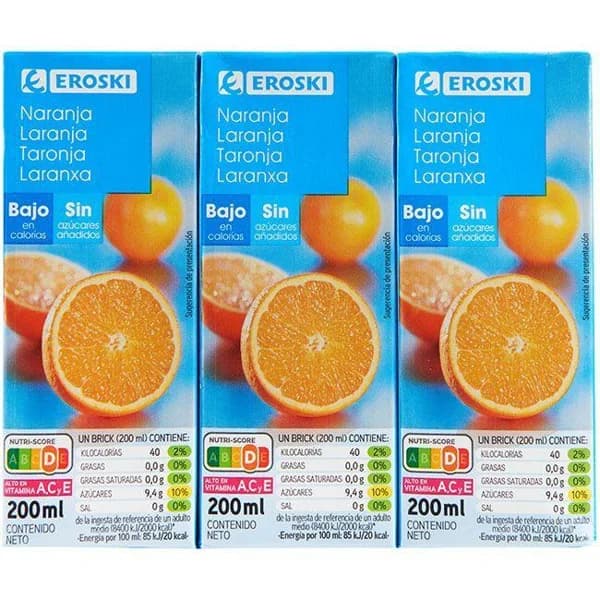 Bebida de naranja sin azúcar añadido EROSKI, pack 6x20 cl - 1 ud - Imagen del producto en Findit