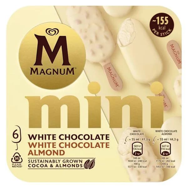 Helado mini white mix MAGNUM, 6 uds, caja 330 g - 0.33 kg - Imagen del producto en Findit