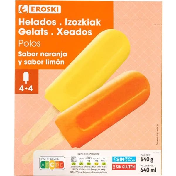 Mini polo de naranja y limón EROSKI, pack 8x80 ml - 0.64 l - Imagen del producto en Findit
