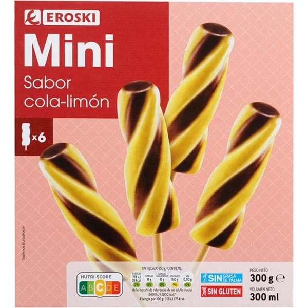 Helado mini sabor cola y limón EROSKI, 6 uds, caja 300 g - 0.3 kg - Imagen del producto en Findit
