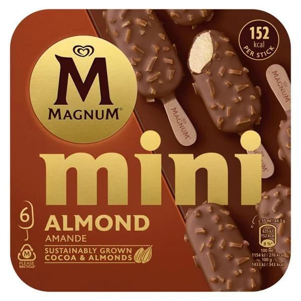 Helado mini almendrado MAGNUM, 6 uds, caja 266 g - 0.27 kg - Imagen del producto en Findit