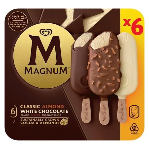 Helado classic, almendrado, blanco MAGNUM, 6 uds, caja 432 g - 0.43 kg - Imagen del producto en Findit