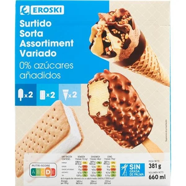 Helados surtidos sin azúcares añadidos EROSKI, pack 6x120 ml - 0.72 l - Imagen del producto en Findit