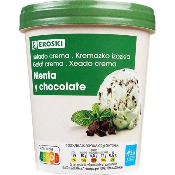 Helado de menta y chocolate EROSKI, tarrina 500 ml - 0.5 l - Imagen del producto en Findit