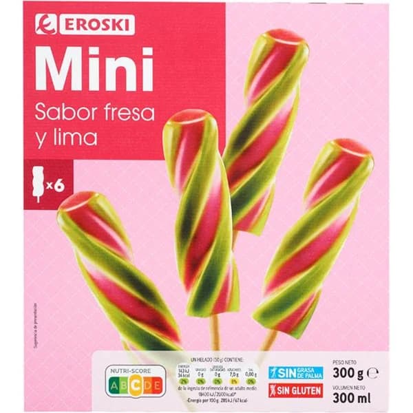 Helado mini sabor fresa-lima EROSKI, 6 uds, caja 300 g - 0.3 kg - Imagen del producto en Findit