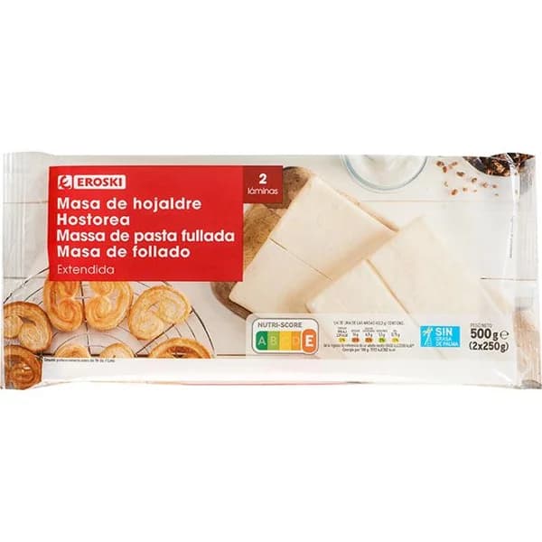 Masa de hojaldre en láminas finas EROSKI, bandeja 500 g - 0.5 kg - Imagen del producto en Findit
