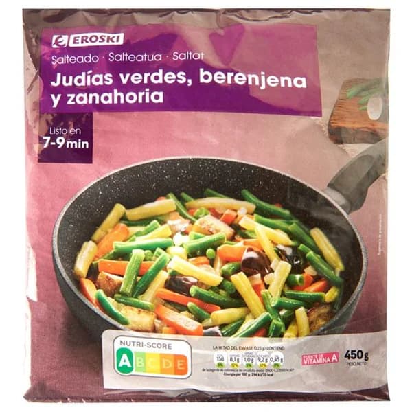 Salteado de judía-berenjena-zanahoria EROSKI, bolsa 450 g - 0.45 kg - Imagen del producto en Findit