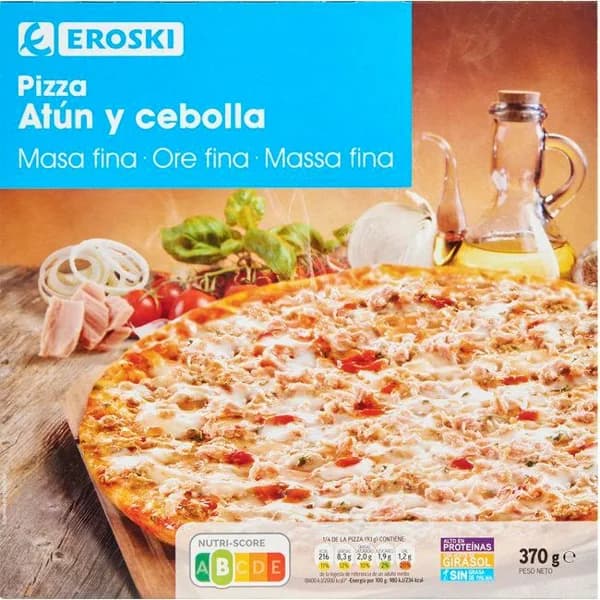 Pizza masa fina de atún-cebolla EROSKI, caja 370 g - 0.37 kg - Imagen del producto en Findit
