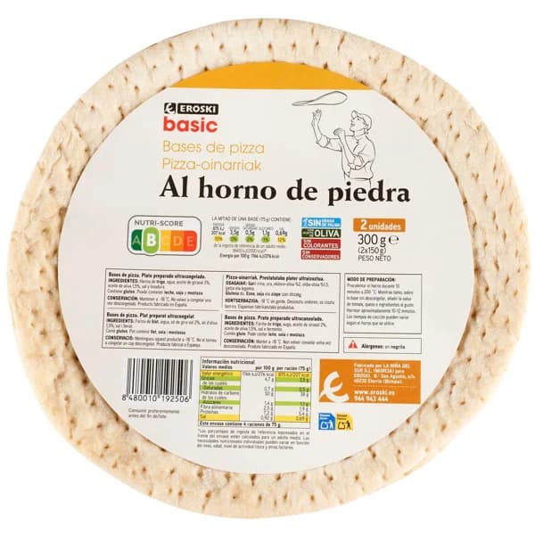 Base de pizza EROSKI basic, pack 2x150 g - 0.3 kg - Imagen del producto en Findit