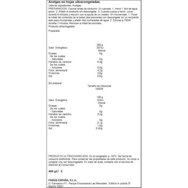 Acelgas en hojas FINDUS, bolsa 400 g - 0.4 kg - Imagen del producto en Findit