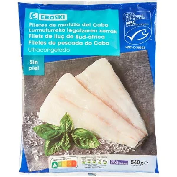 Filete de merluza sin piel EROSKI, bolsa 540 g - 0.54 kg - Imagen del producto en Findit
