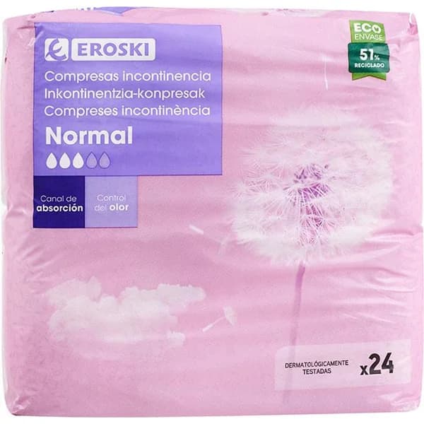 Compresa de incontinencia leve normal EROSKI, paquete 24 uds - 24 ud - Imagen del producto en Findit