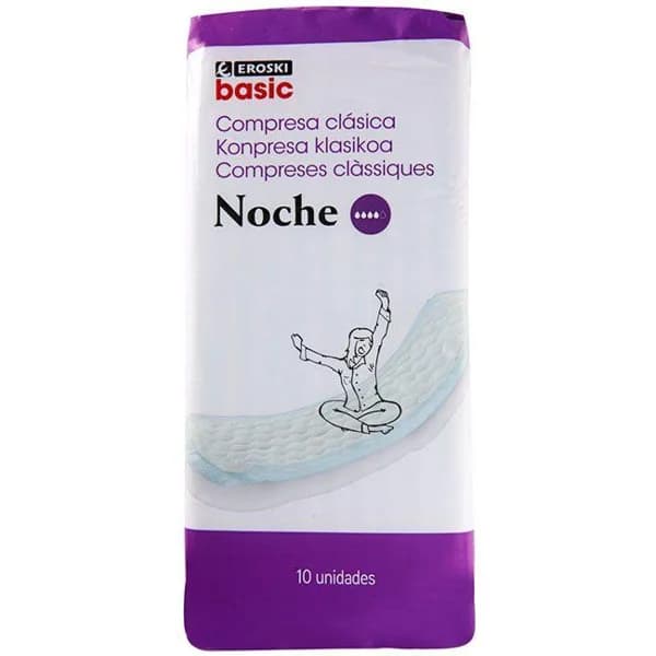 Compresa gruesa noche EROSKI basic, paquete 10 unid. - 1 ud - Imagen del producto en Findit