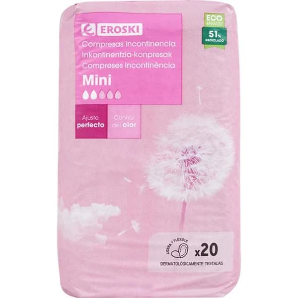 Compresa de incotinencia mini EROSKI, paquete 20 uds - 20 ud - Imagen del producto en Findit