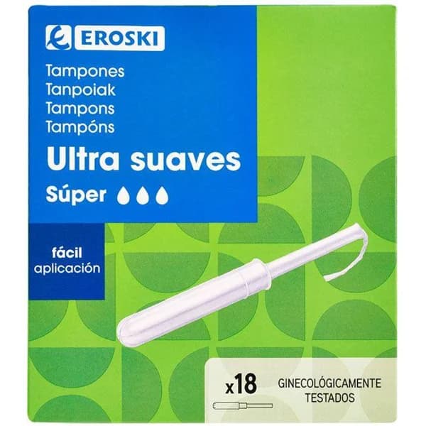 Tampón super con aplicador EROSKI, caja 18 unid. - 1 ud - Imagen del producto en Findit
