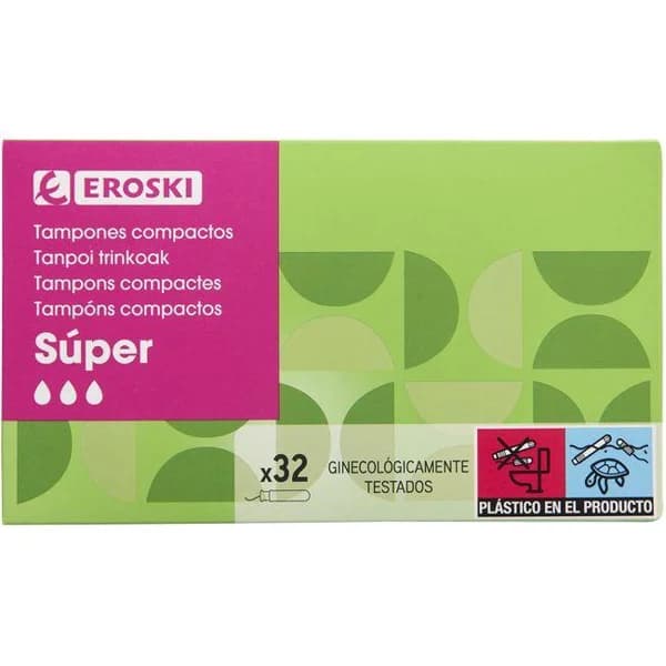 Tampón aplicador compacto super EROSKI, caja 32 uds. - 1 ud - Imagen del producto en Findit