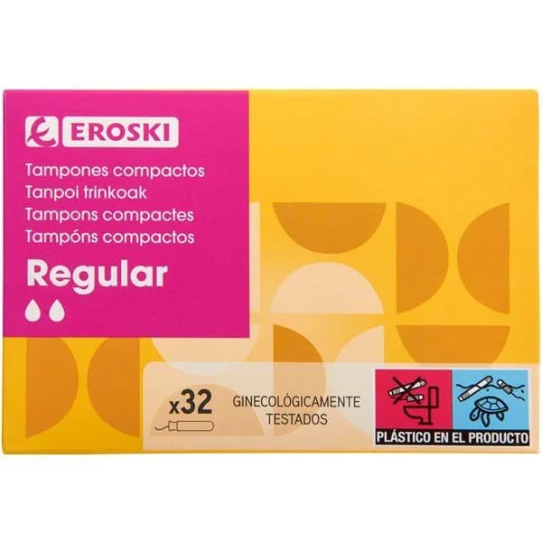 Tampón regular con aplicador compacto EROSKI, caja 32 uds - 32 ud - Imagen del producto en Findit