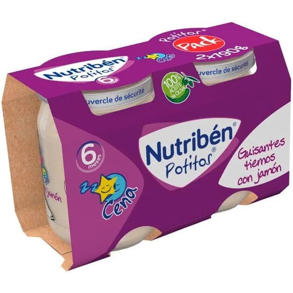 Potito de guisantes con jamón para cena NUTRIBEN, pack 2x190 g - 0.38 kg - Imagen del producto en Findit