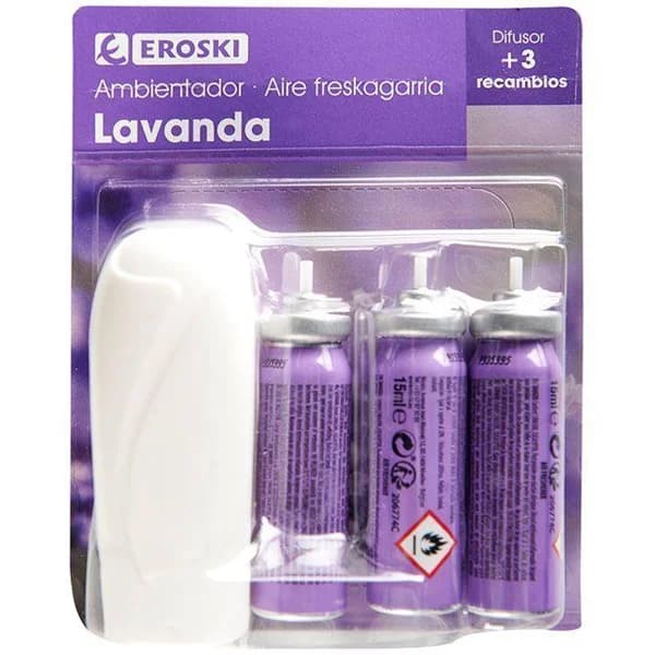 Ambientador minispray lavanda  EROSKI, aparato +3 recargas - 3 ud - Imagen del producto en Findit