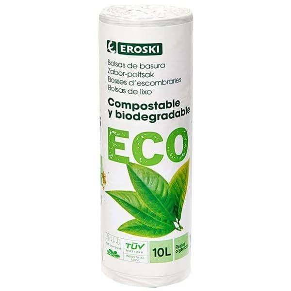 Bolsa de basura 10 l. biodegradable EROSKI BIO, paquete 15 uds - 15 ud - Imagen del producto en Findit
