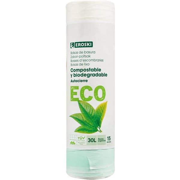 Bolsa de basura compostable 30 l EROSKI BIO, paquete 15 uds - 15 ud - Imagen del producto en Findit