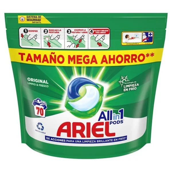 Detergente en cápsulas ARIELORIGINAL, bolsa 70 dosis - 70 ud - Imagen del producto en Findit